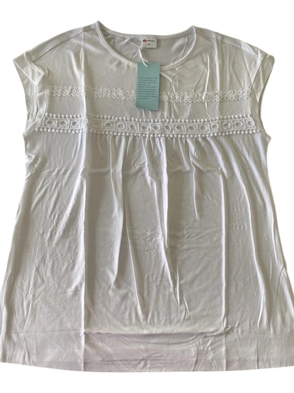 Womens White Crochet Lace Trim Babydoll Short Sleeve Top Blouse Crew Neck M - Picture 2 of 7